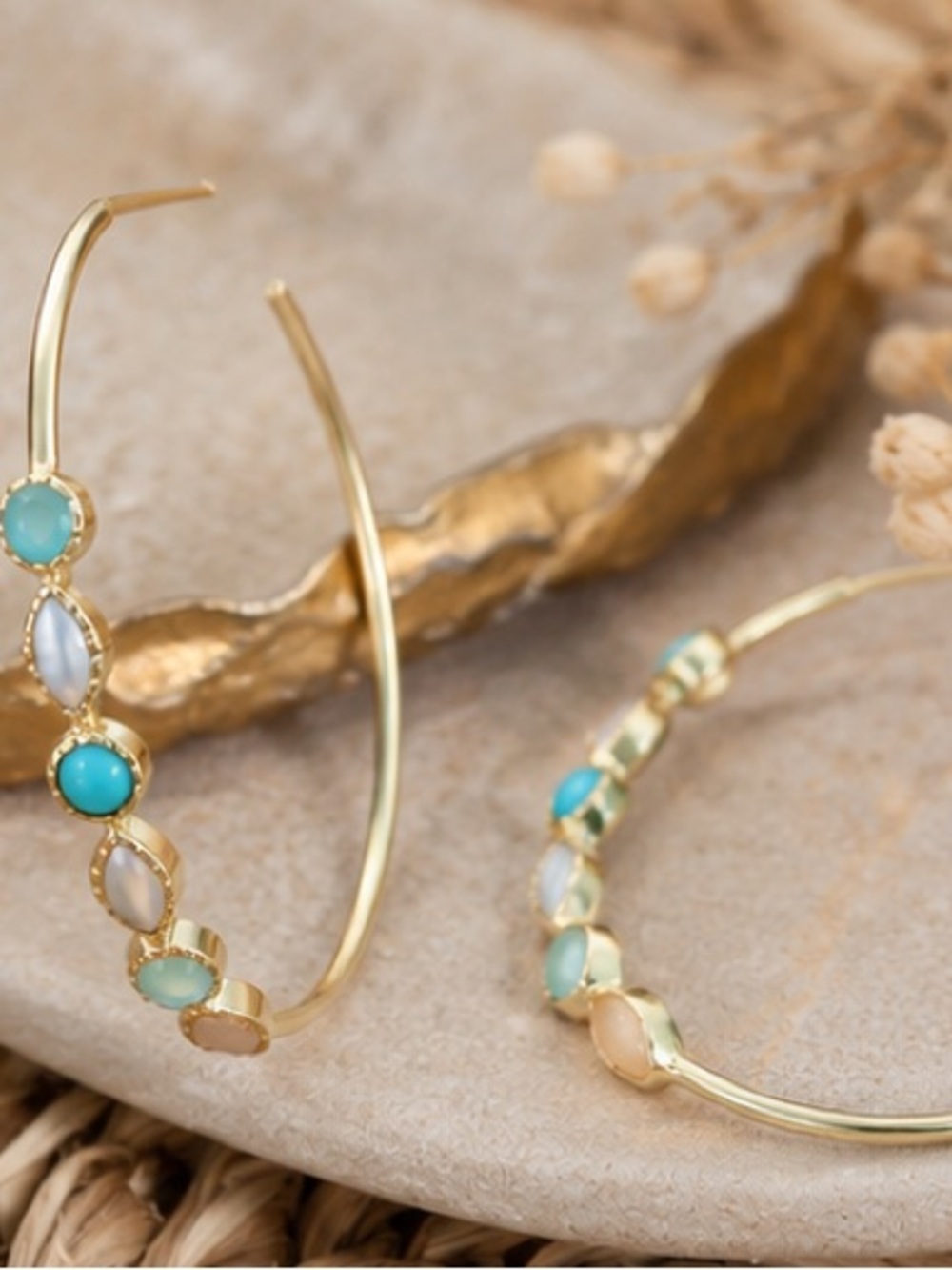 Boho Turquoise Stone Gold Hoop Earrings | Lightweight Statement Hoops - Picture 4 of 4